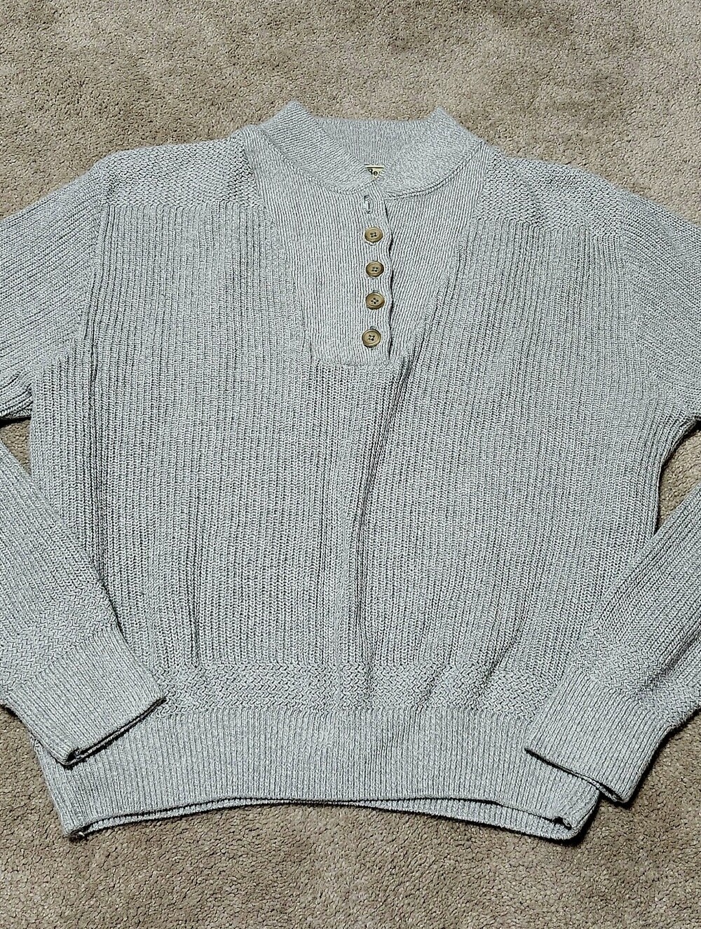 L.L.Bean Vintage Grey Henley Sweater Ribbed Knit Front Button Women Size Small